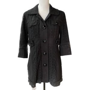 Kensie Boho Lacy Thigh Length Cottagecore Linen Blend Coat Women Size L Black